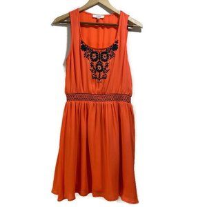 Neon Peach dress w/ Navy embroidered details